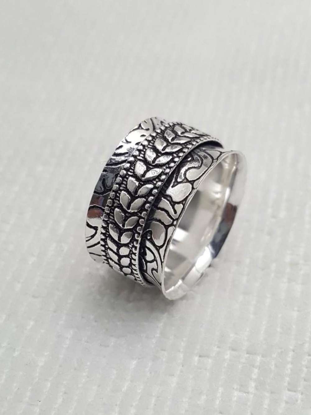 Intricate Floral Sterling Silver Wide Band Ring - Silver